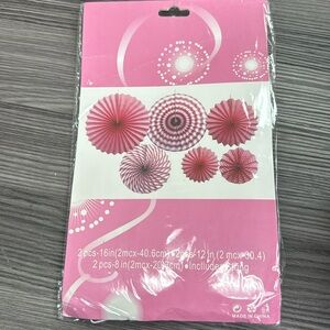 Paper Fan decorations 6 fans with strings pink and white all new